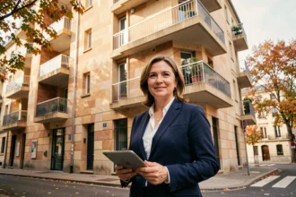 Agente immobilière professionnelle devant un immeuble d'appartements lyonnais, symbolisant la gestion locative en Auvergne-Rhône-Alpes
