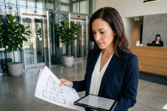 Gestionnaire d'immeubles professionnelle examinant des plans de bâtiment et une tablette numérique dans le hall d'entrée d'un immeuble résidentiel moderne