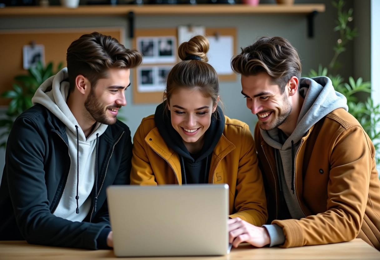 Trois étudiants discutant avec un ordinateur dans un studio créatif