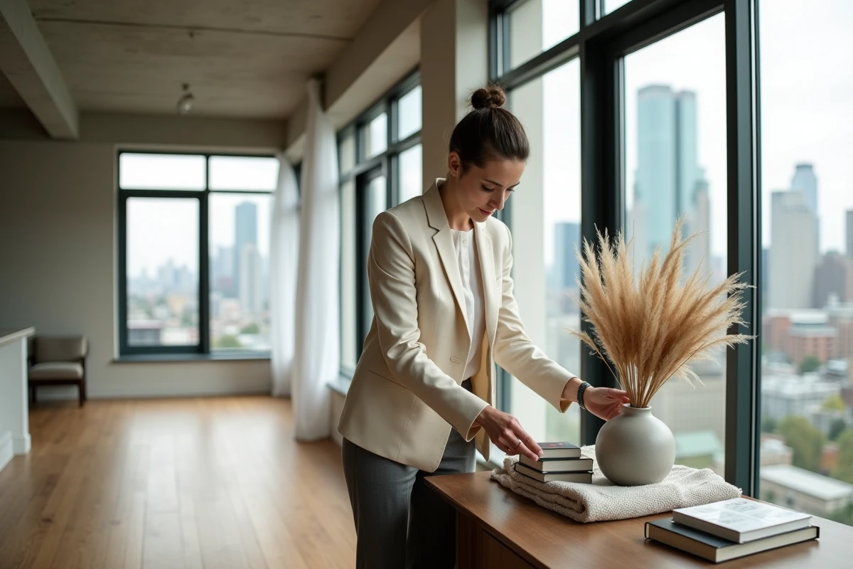 Consultante en home staging arrangeant une décoration épurée dans un appartement vide pour valoriser une estimation immobilière prestige