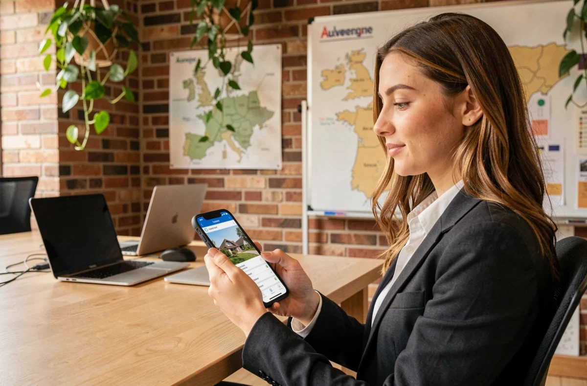 Jeune femme utilisant l'application Homepilot by IAD pour gérer des locations à distance dans un espace de coworking en Auvergne-Rhône-Alpes