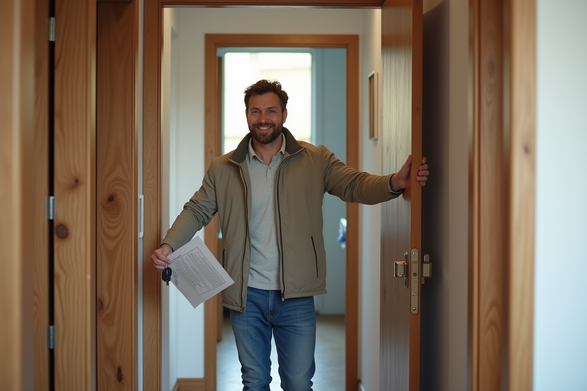 Homme souriant déverrouillant une porte d appartement rénové
