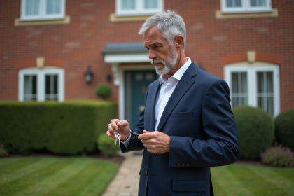 Homme en costume bleu tenant des clés devant une maison