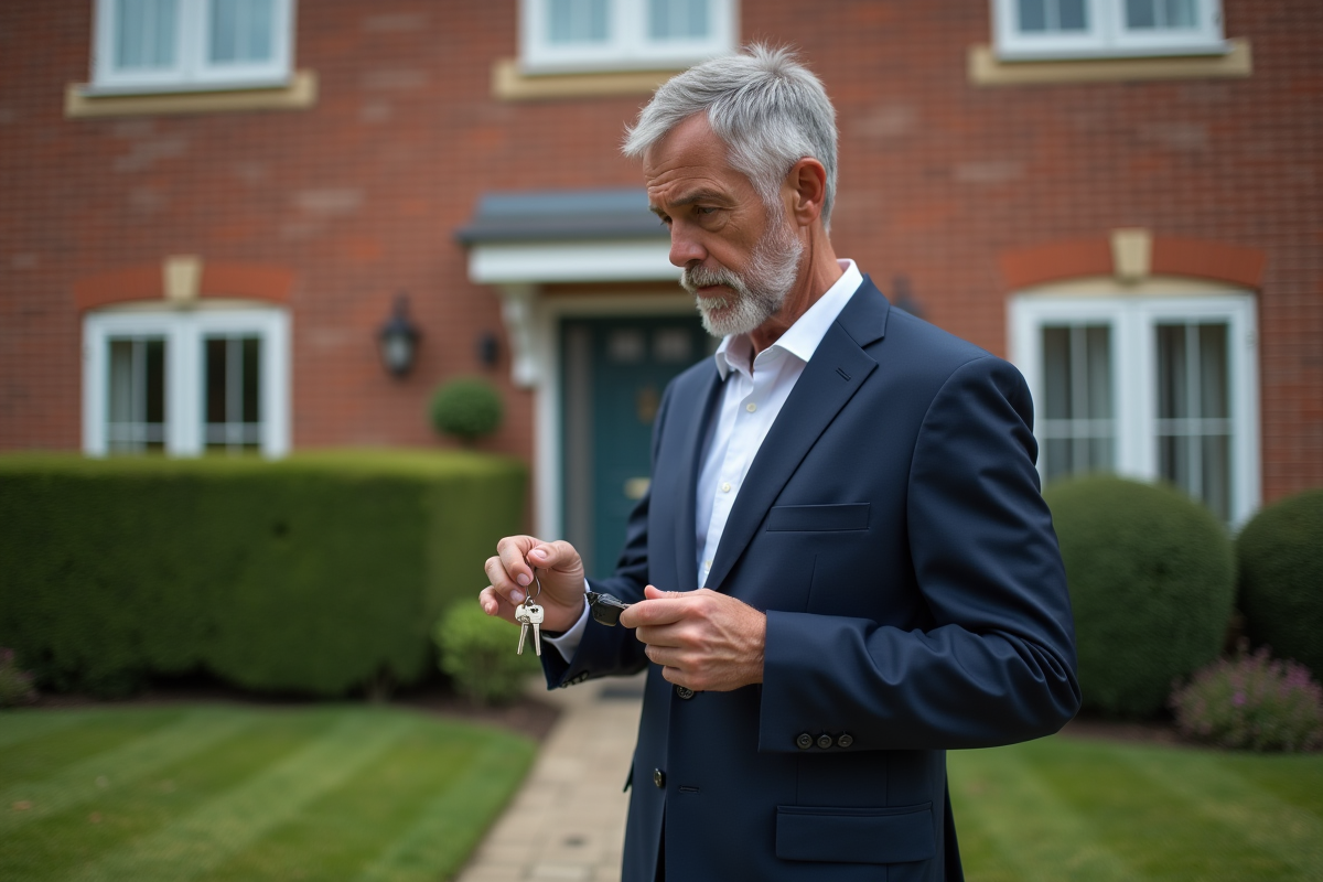 Homme en costume bleu tenant des clés devant une maison