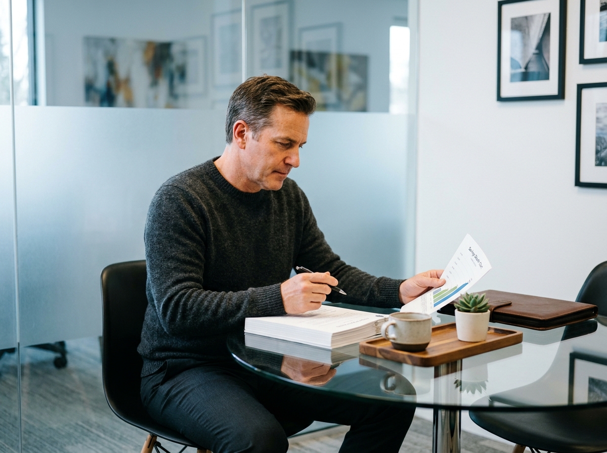 Homme d'affaires mature consultant un acte immobilier et un graphique d'épargne dans une salle de réunion contemporaine