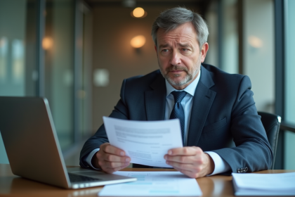 Homme d'affaires en costume examine des papiers au bureau