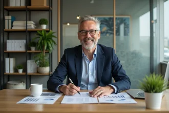 Homme d'affaires souriant dans un bureau immobilier