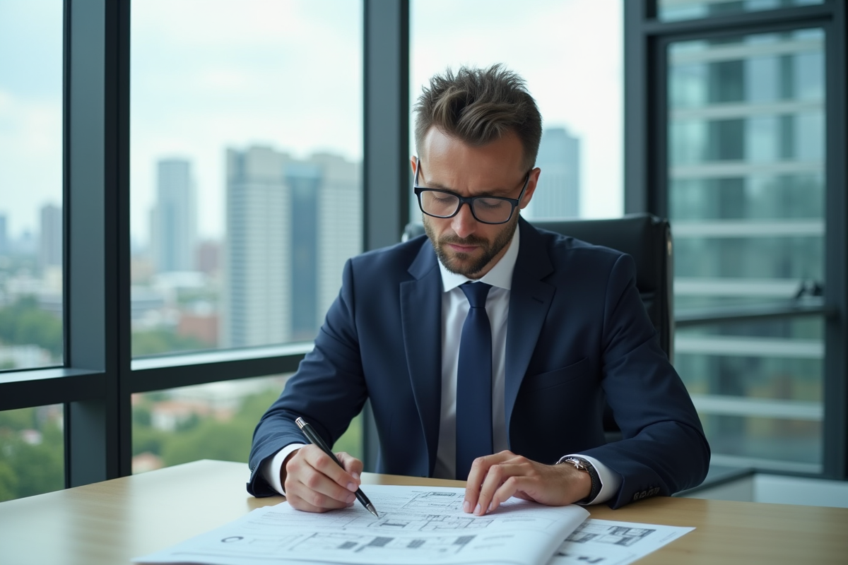 Homme d'affaires en costume regardant des contrats immobiliers