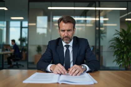 Homme d'affaires français examine des documents immobiliers