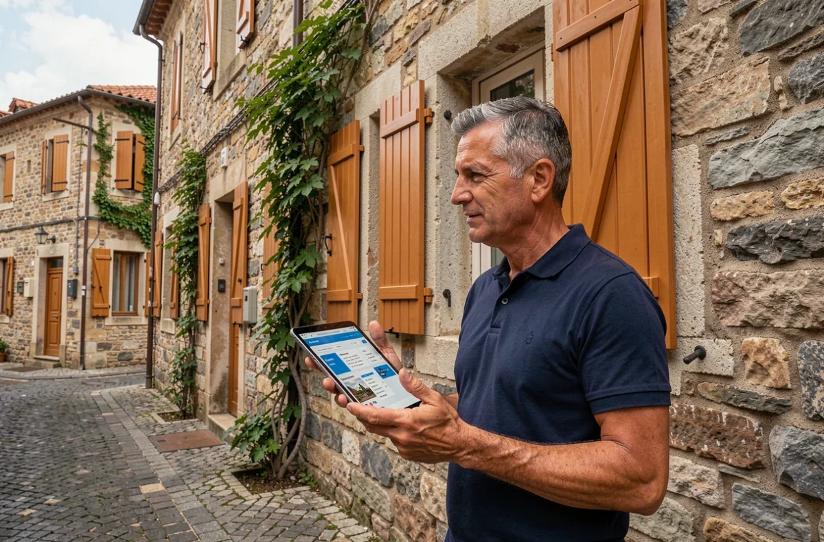 Homme comparant des offres d'assurance habitation sur tablette devant un immeuble traditionnel corse à Bastia