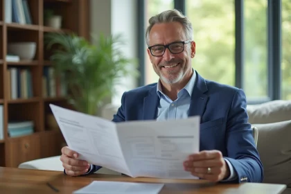 Homme d'&acirc;ge moyen en costume bleu dans son salon lumineux
