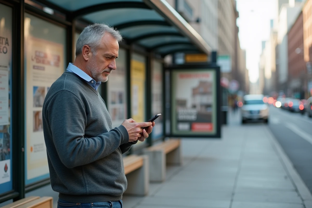 Homme vérifiant annonces de location à un arrêt de bus urbain