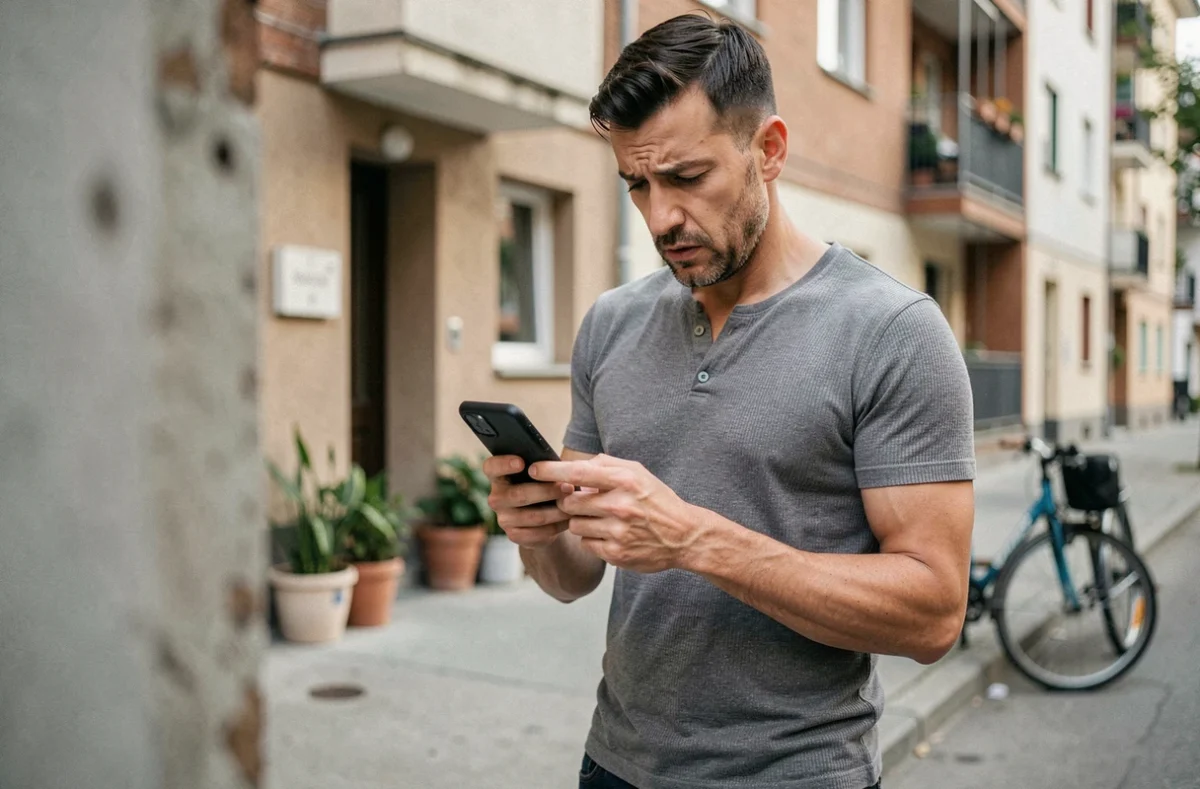 Homme lisant des avis sur une plateforme de location de services depuis son smartphone en extérieur