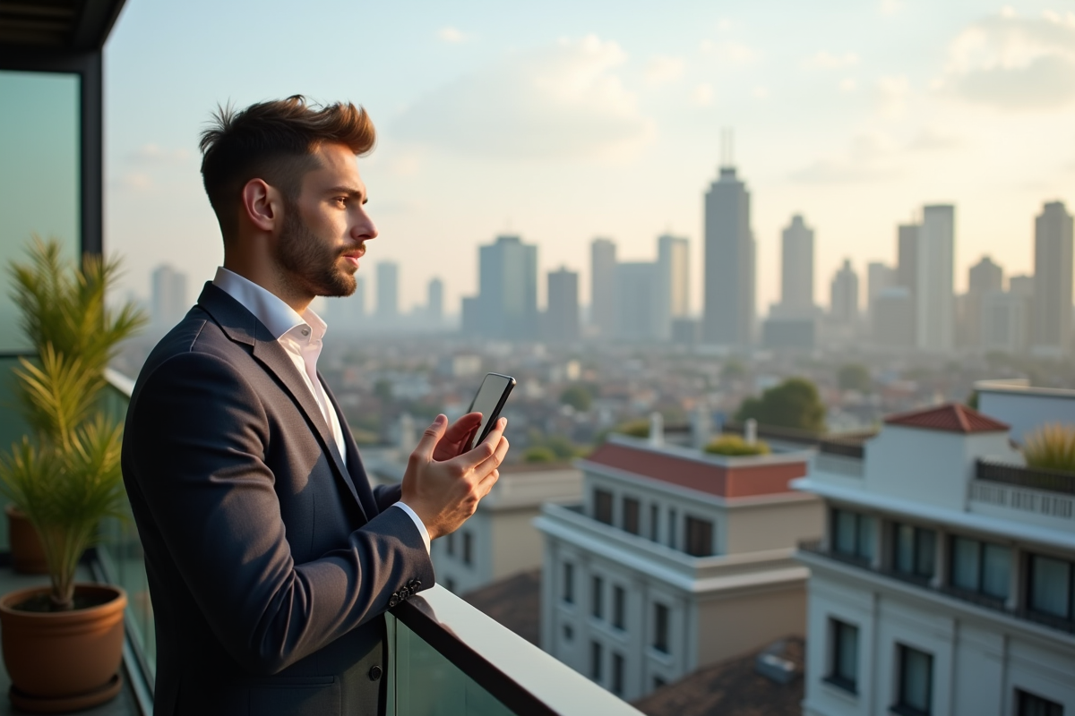 Jeune homme regardant la ville depuis un balcon Airbnb