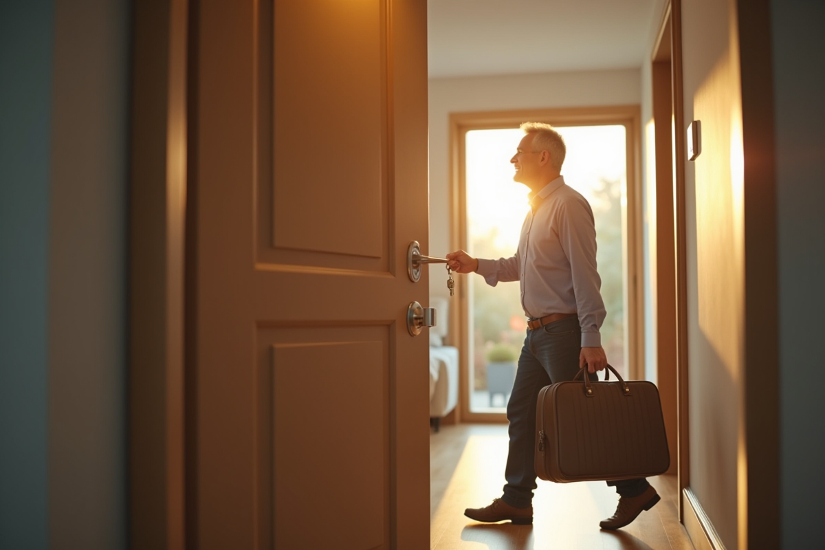 Homme déverrouillant une porte d appartement moderne ensoleillee