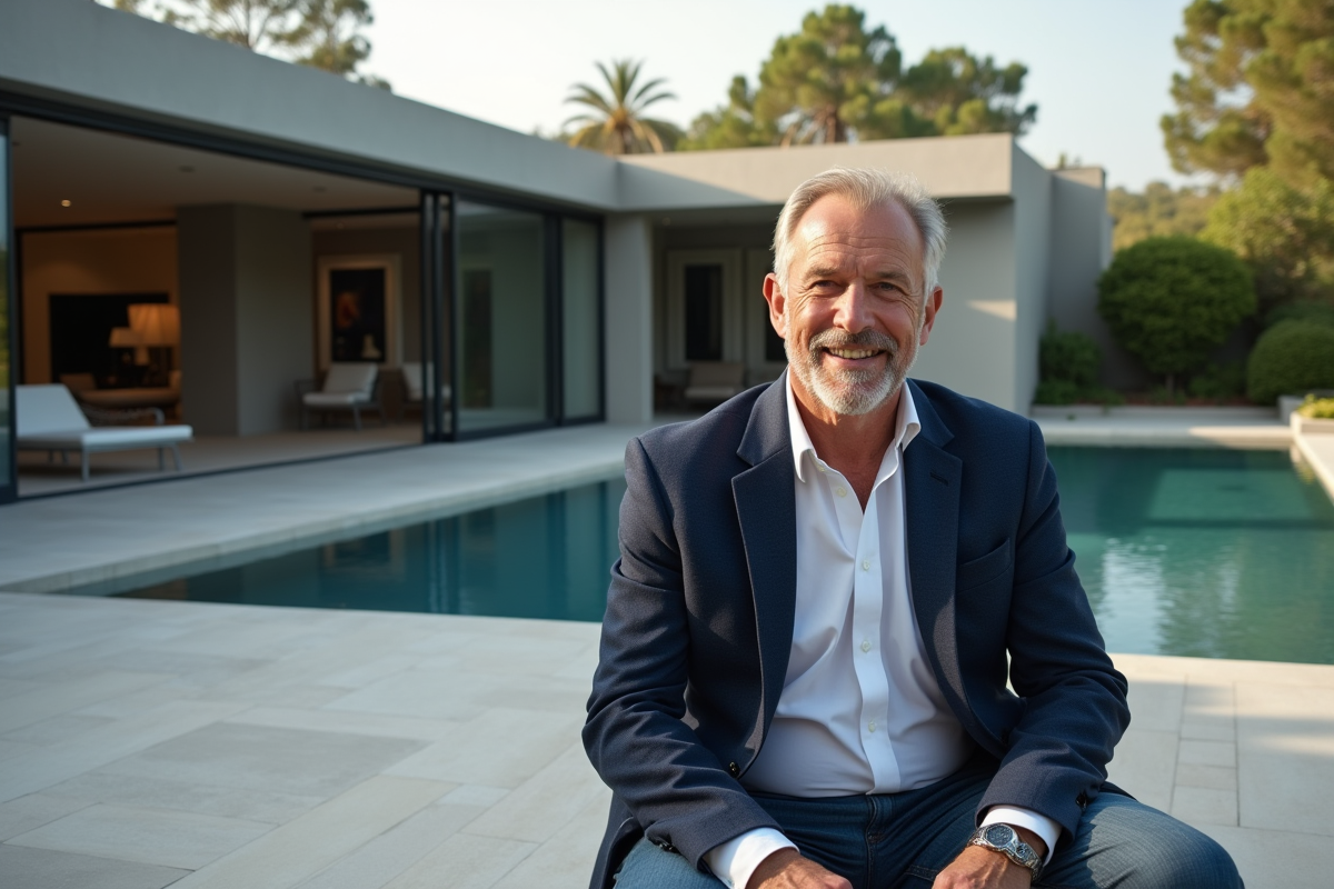 Homme distingué assis sur une terrasse moderne et élégante