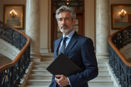 Homme en costume &eacute;l&eacute;gant dans un foyer luxueux