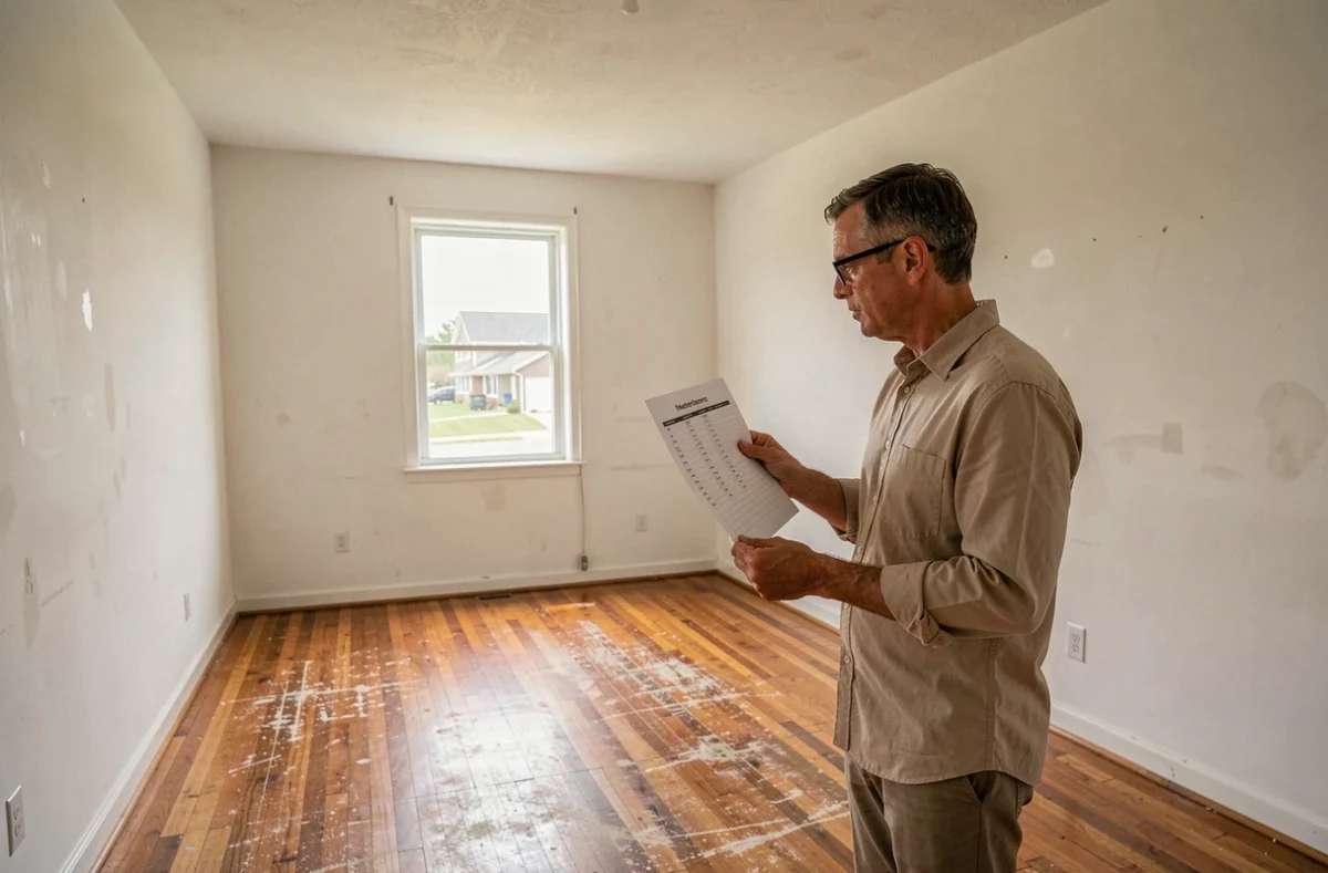 Homme effectuant un état des lieux de sortie dans un appartement vide avec une checklist imprimée à la main