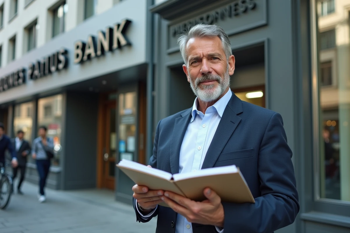 Homme français confiant devant une banque avec dossier de prêt
