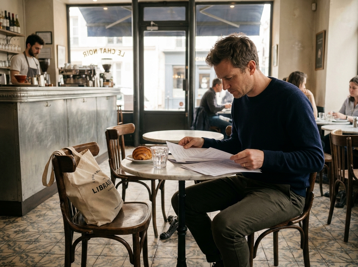 Homme freelance travaillant dans un café parisien avec documents et croissant sur table ronde