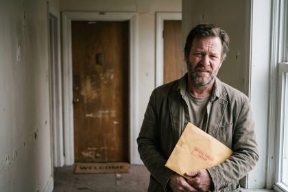 Homme d'âge moyen dans un appartement modeste avec des papiers