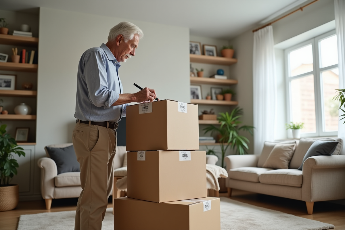 Homme âgé étiquetant des cartons dans un salon lumineux
