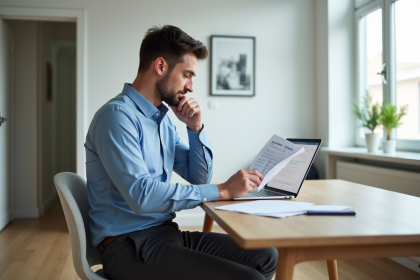 Homme en bleu lisant des documents fiscaux dans un intérieur moderne