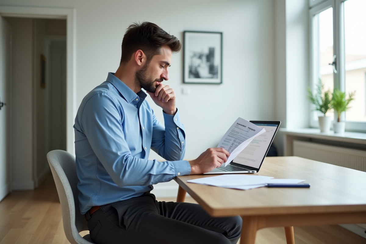 Homme en bleu lisant des documents fiscaux dans un intérieur moderne