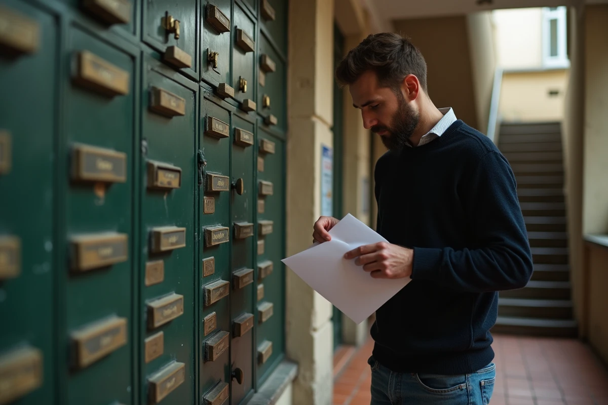 Homme lisant une lettre de préavis dans le hall d'un immeuble ancien en zone tendue
