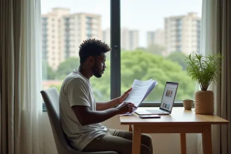 Homme regardant des documents de location dans un appartement abidjanais