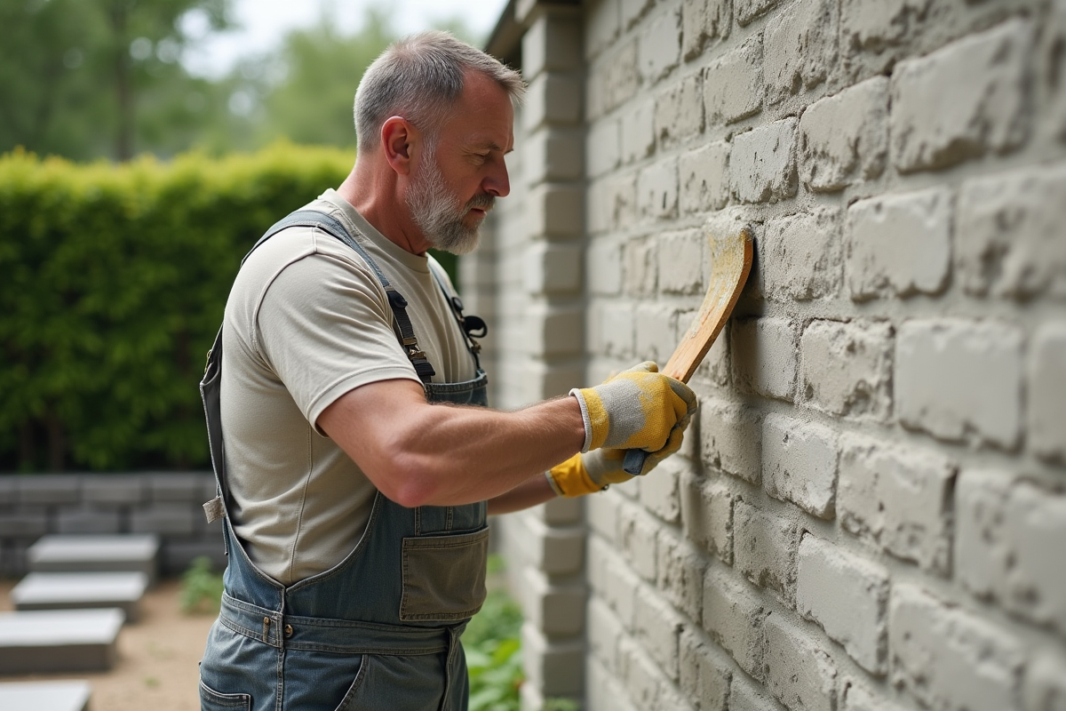 Homme en overalls appliquant enduit lime sur mur exterieur