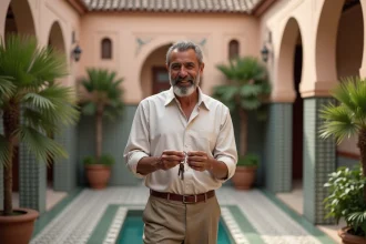 Homme marocain souriant tenant des clés dans une cour de riad