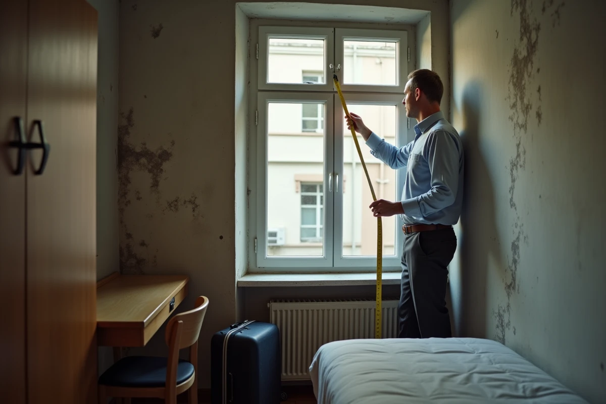 Homme mesurant une pièce urbaine avec un mètre