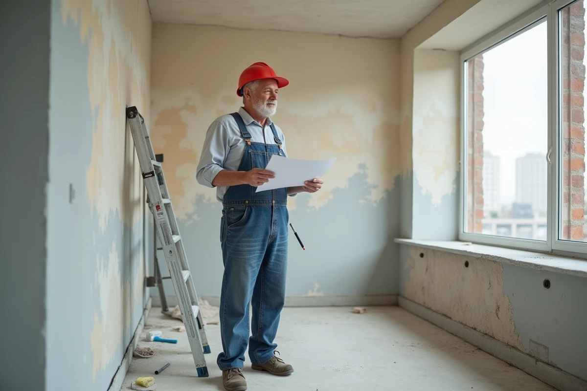 Homme senior tenant des papiers devant un mur peint en renovation