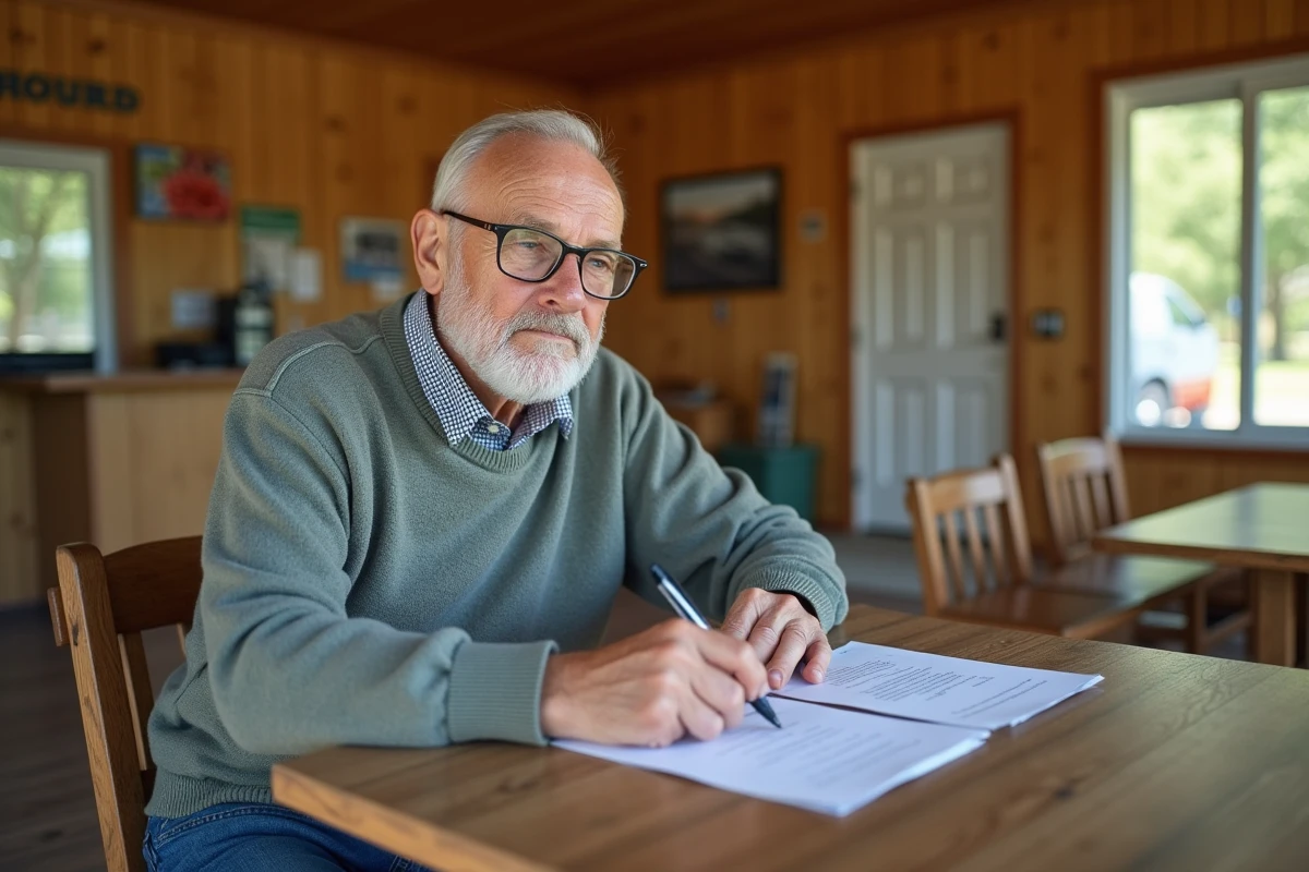 Homme senior consulte des documents de vente mobile home