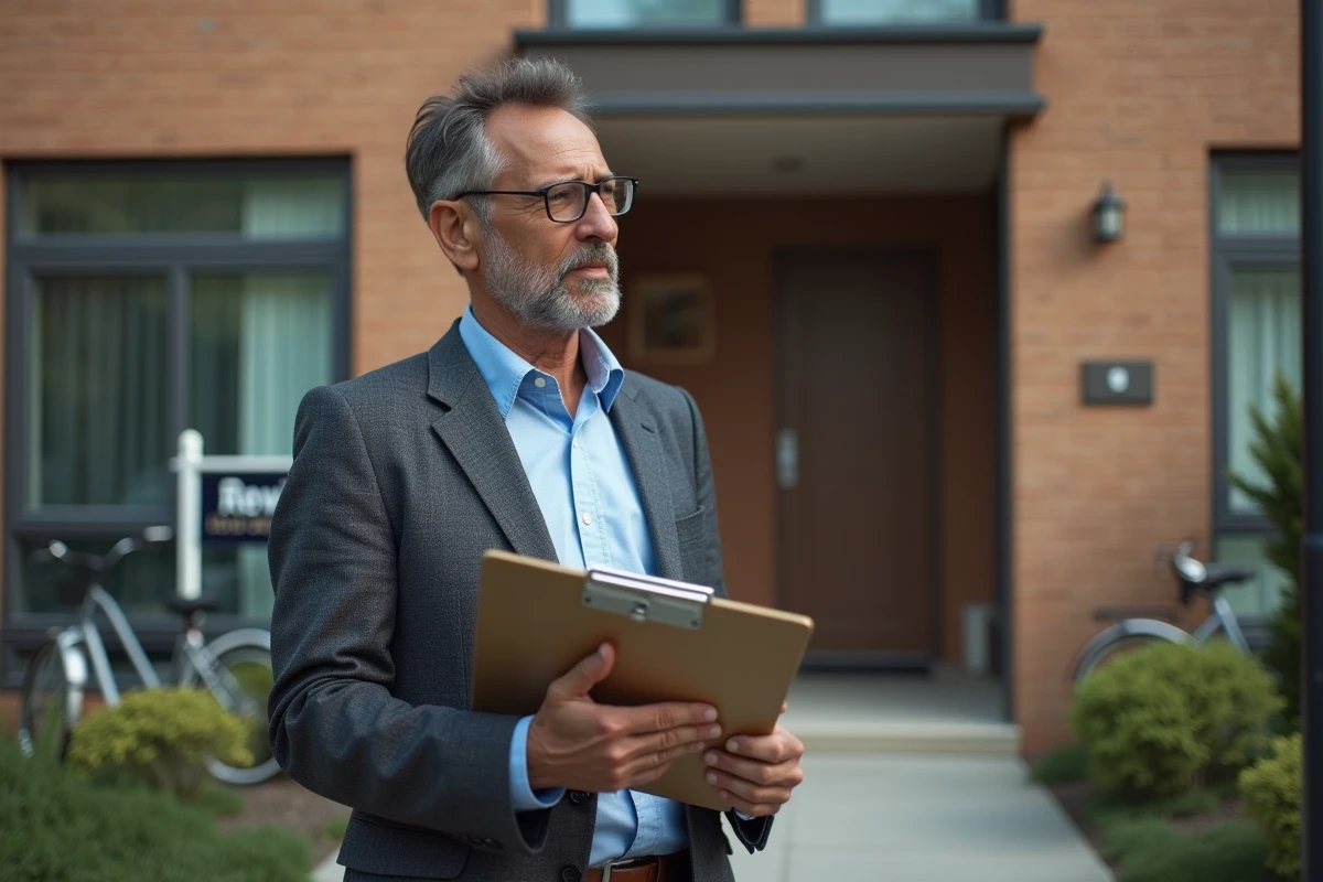 Homme en ext&eacute;rieur v&eacute;rifiant une annonce de location