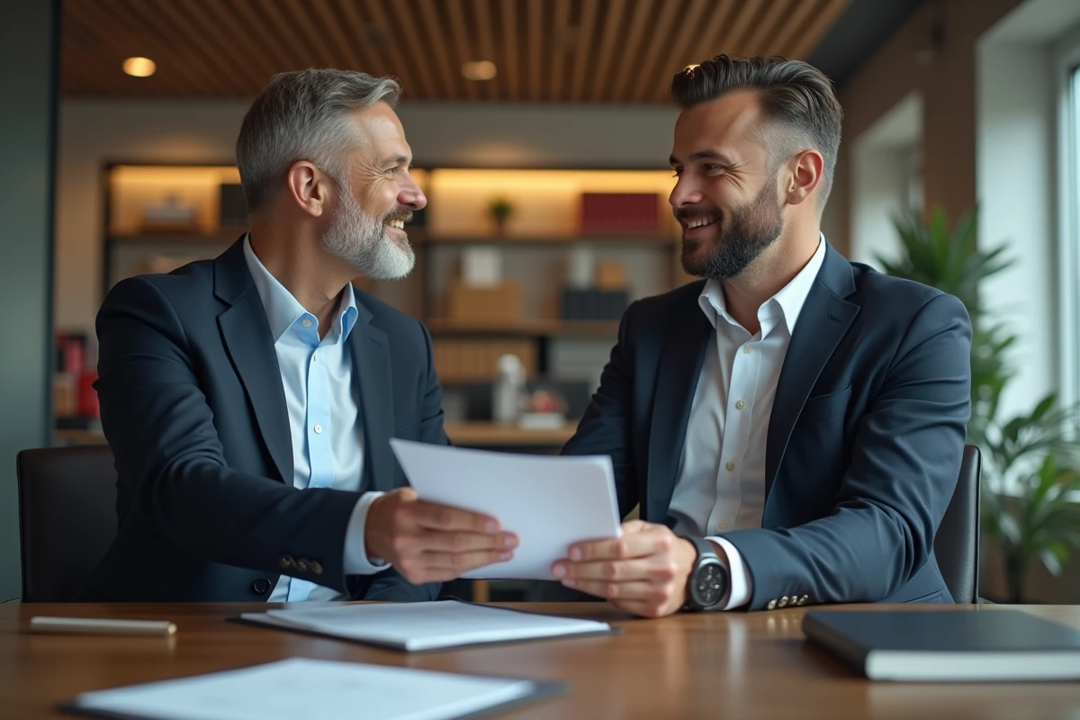 Homme d age remet un dossier à un agent immobilier dans un bureau