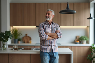Homme inspectant une cuisine moderne renovée avec satisfaction