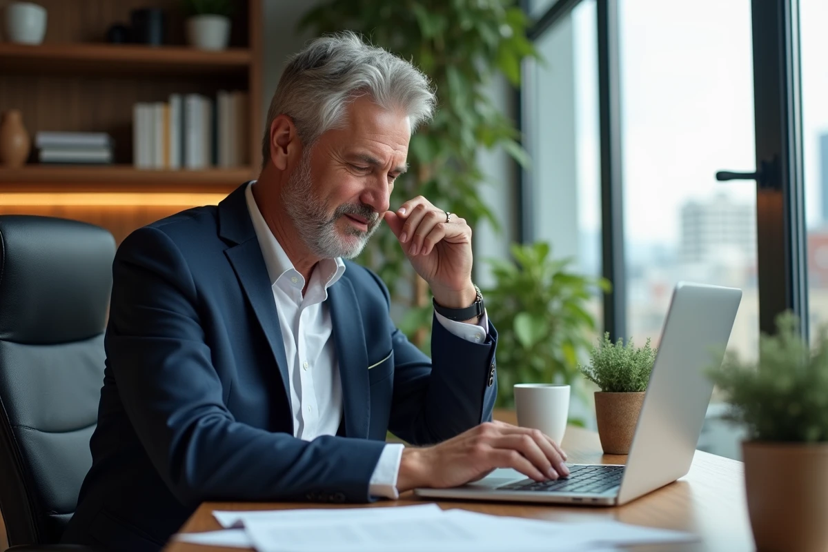 Homme d'âge moyen en blazer bleu regardant un ordinateur portable