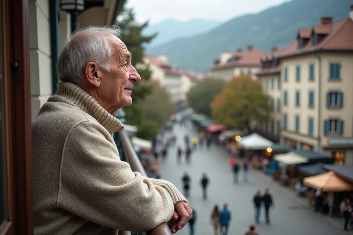 Homme &acirc;g&eacute; assis sur un balcon regardant la place anim&eacute;e de Romans sur Is&egrave;re