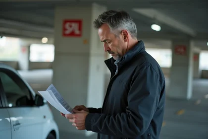 Homme d'&acirc;ge moyen examinant des papiers pr&egrave;s d'une voiture en parking