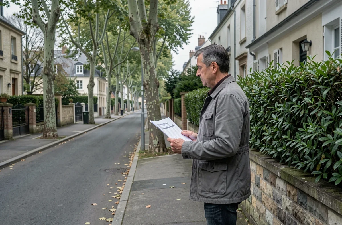 Homme examinant une maison voisine avec un document d'enquête foncière en main dans une rue résidentielle française