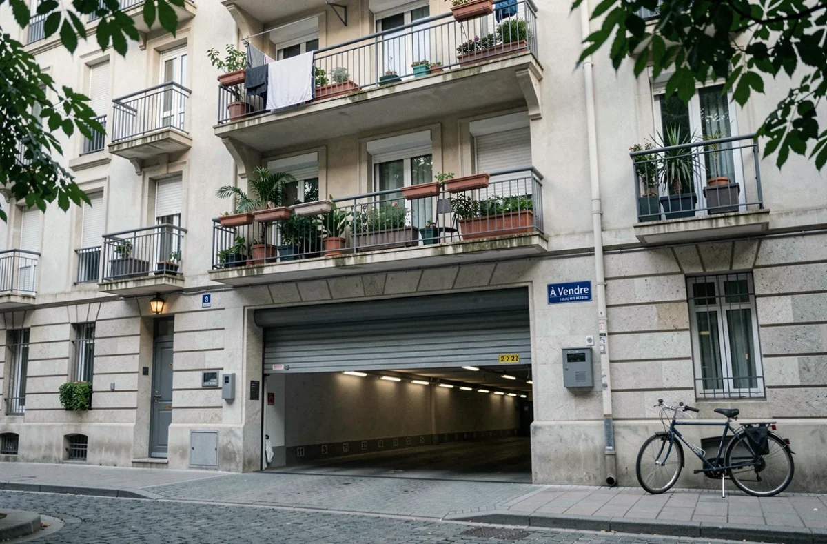 Façade d'immeuble résidentiel urbain avec entrée de garage souterrain privé et panneau de vente immobilière