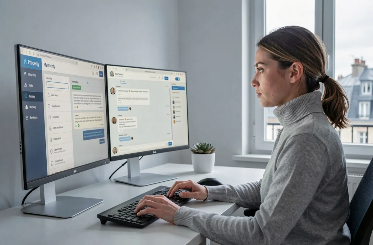 Jeune femme gérant des locations en ligne via la plateforme Imodirect depuis un bureau moderne donnant sur les toits de Lyon