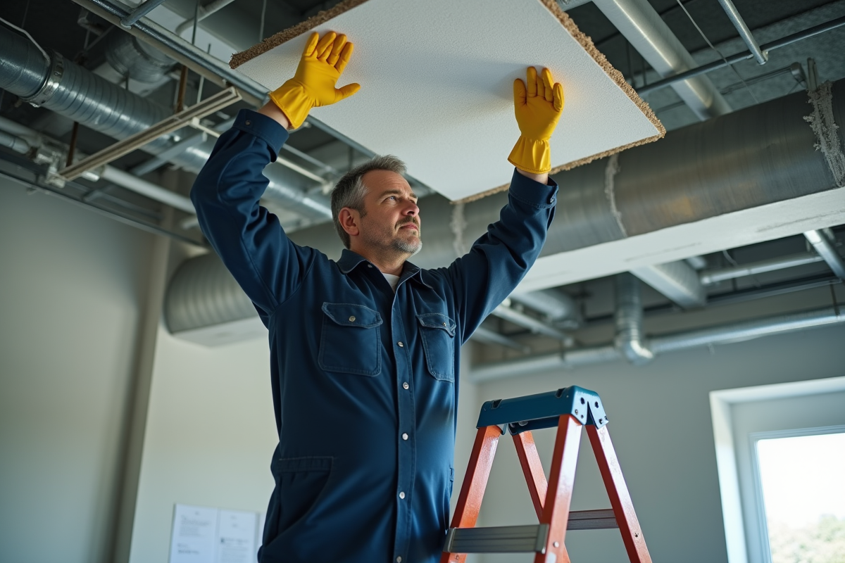 Inspecteur bâtiment vérifiant un plafond acoustique