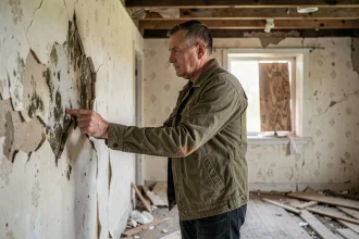 Homme inspectant les murs endommagés d'une maison abandonnée avant un achat immobilier
