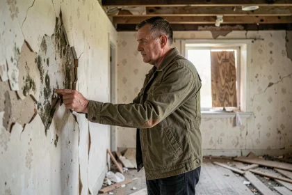 Homme inspectant les murs endommagés d'une maison abandonnée avant un achat immobilier