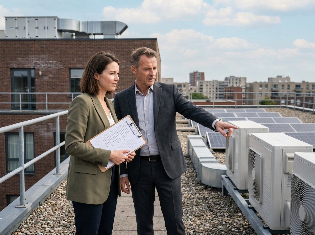 Deux professionnels de la gestion immobilière effectuant une inspection sur la terrasse d'un immeuble résidentiel avec liste de contrôle et équipements techniques