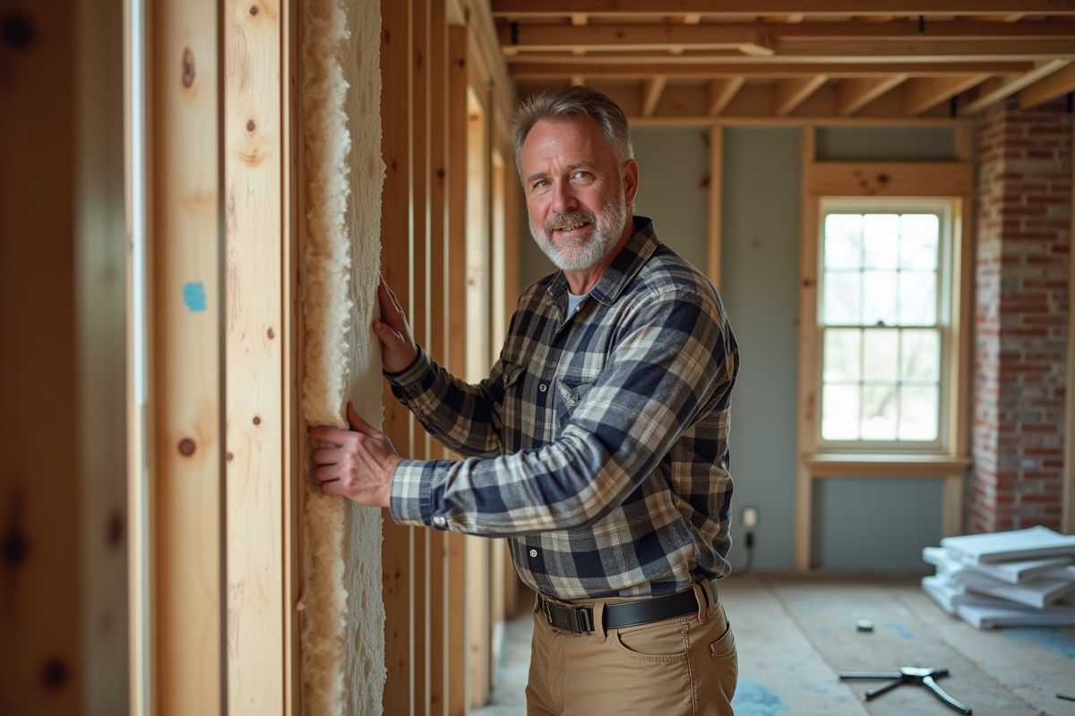 Hommes installant l'isolation dans une maison en rénovation