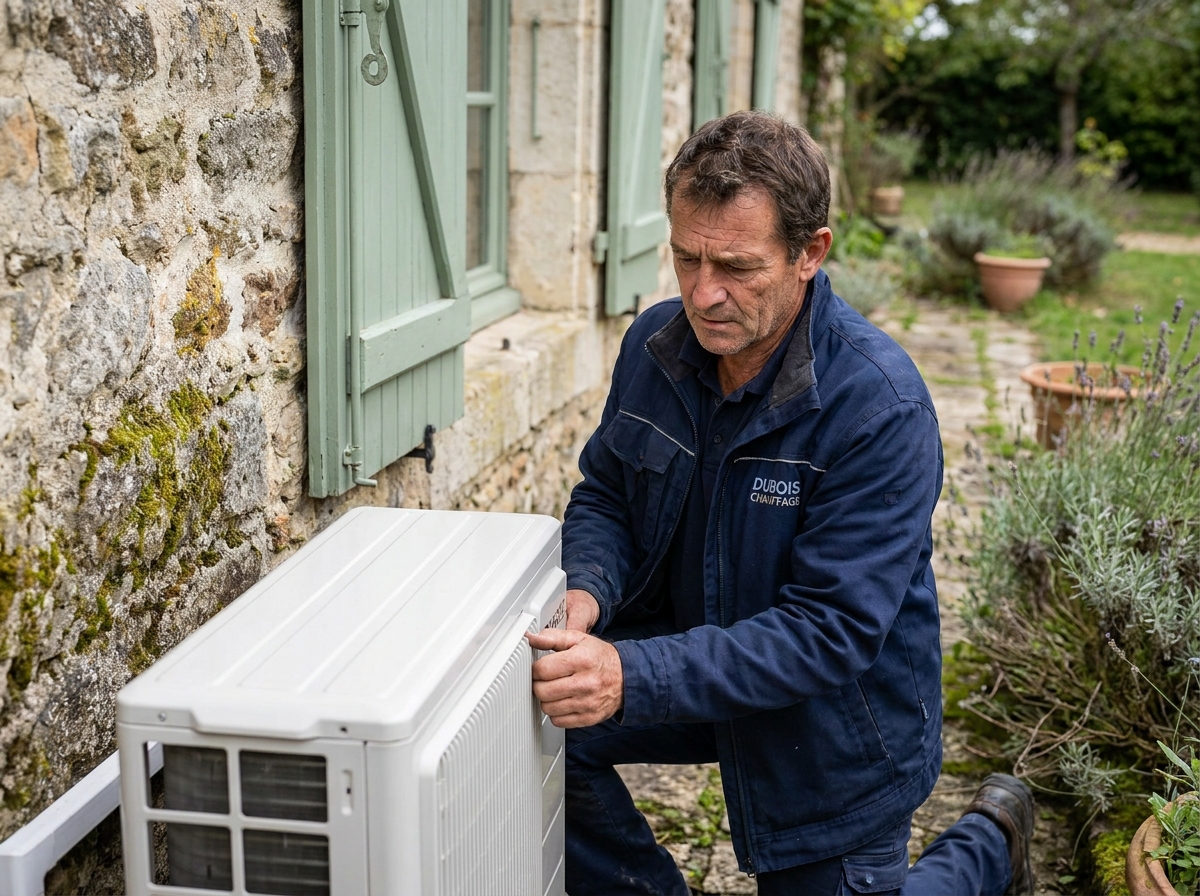 Technicien installant une pompe à chaleur air eau discrète sur le mur en pierre d'une maison ancienne française